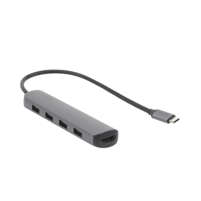 HUB USB-C Multipuertos / 4 Puertos USB-A 3.0 / HDMI 4K@30Hz / USB 3.0 a 5Gbps / Chip Inteligente Incorporado / 5 en 1 / Carcasa de Aluminio.
