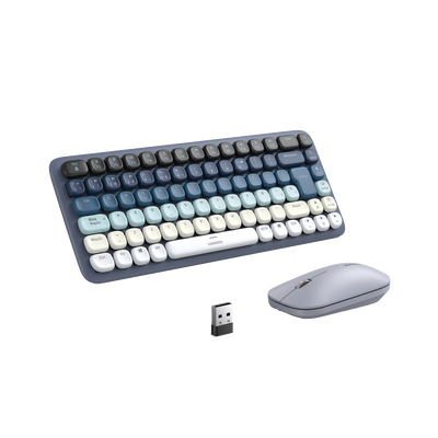 Paquete de Teclado y Mouse | 85 teclas en Español | Bluetooth y 2.4GHz | Mouse Ambidiestro | Sensor de DPI ajustable | Efectos de Iluminación del Teclado | Amplia compatibilidad | Color Azul.