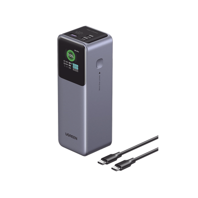 Power Bank de 20000mAh | 3 Salidas 100W Max. | USB-A + 2 USB-C | PD 3.0 | QC3.0 | FCP | SCP | Pantalla Inteligente | Carcasa Ignifuga | Color Gris | Incluye Cable USB de 50cm | Carga tu Laptop de Manera Segura.