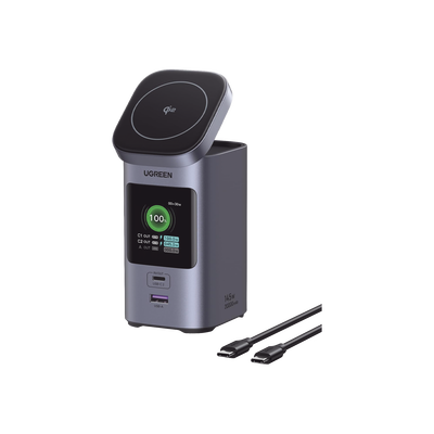 Power Bank de 25000mAh | 3 Salidas 145W Max. | USB-A + 2 USB-C | QI2 | PD 3.0, QC3.0 | FCP | SCP | Pantalla Inteligente | Carcasa Ignifuga | Color Gris | Incluye Cable USB de 50cm | Carga tu Laptop de Manera Segura.