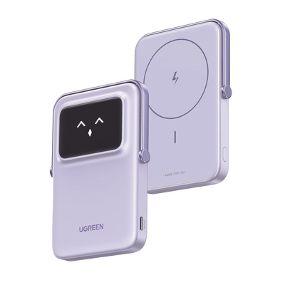Power Bank Inalambrico | 5000mAh | 7.5W | Con Emojis de Estado | Carga Rápida USB-C Bidireccional | Pantalla TFT Inteligente | 13 niveles de Proteccion | Con Holder | Color Purple.