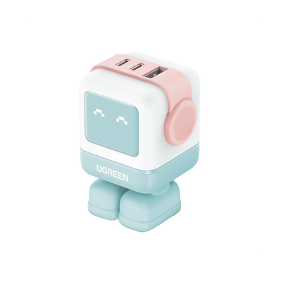 Cargador RobotGaN de 65W Serie UNO | 3 Puertos de Carga Rápida | 2 USB-C | 1 USB-A | PD 3.0 | QC 4.0 | Carga Inteligente | Tecnología GaN II | Zapato Magnético Extraíble | Carcasa Ignifuga | Pantalla LED.