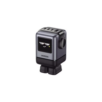 Cargador RobotGaN de 100W Serie UNO | 4 Puertos de Carga Rápida | 3 USB-C | 1 USB-A | PD 3.0 | QC 4.0 | Carga Inteligente | Tecnología GaN II | Zapato Magnético Extraíble | Carcasa Ignifuga | Pantalla LED