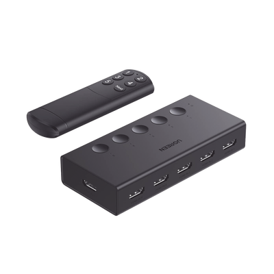 Conmutador HDMI 5X1 | 4K@60Hz | HDMI 2.0, 1.4 | HDCP 2.2, 1.4 | VRR | Dynamic HDR | 3D | CEC | EDID | IR 10m | 18Gbps | Cambio Manual y por Control Remoto | Incluye Cable de Alimentación USB.