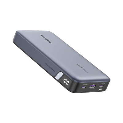 Power Bank de 25000mAh | 3 Salidas 145W Max. | USB-A + 2 USB-C | PD 3.0, QC3.0 | FCP | SCP | Pantalla Inteligente | Carcasa Ignifuga | Color Gris | Incluye Cable USB de 50cm | Carga tu Laptop de Manera Segura.