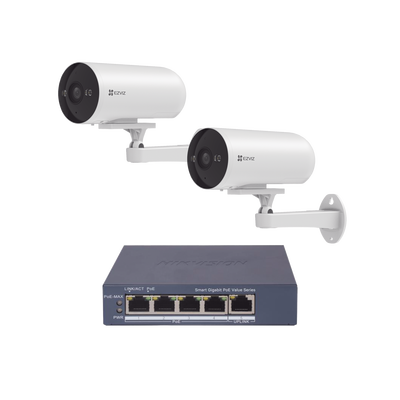 Kit de cámaras WiFi Para Uso en Exterior / PoE Estandar Af / 2 piezas CS-H5/3MP/ 1 Pieza de Switch DS-3E1505P-EI/M / Vision Nocturna a Color / IP67 / Audio Bidireccional / Luz y Sirena / 4 Puertos 1000 Mbps PoE+ / 1 Puerto 1000 Mbps Uplink