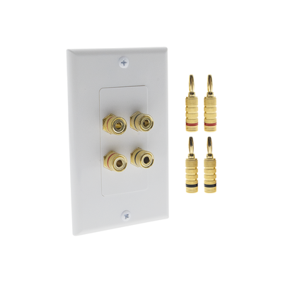 KIT 1 Placa de Pared + 2 Pares Conectores Banana (Rojo+Negro) | Postes de Unión Tipo Banana | Conexión para 2 Altavoces | Fácil Instalación | Conectores Chapados en Oro