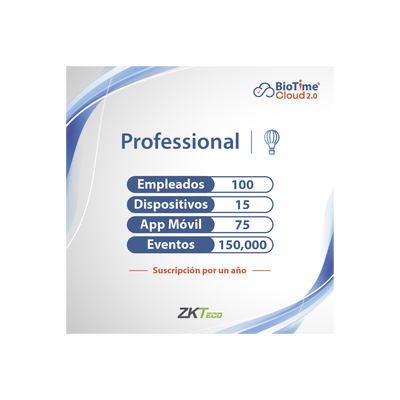 LICENCIA PROFESSIONAL BIOTIME CLOUD 2.0 / 100 USUARIOS / 15 DISPOSITIVOS (Licencia Anual)