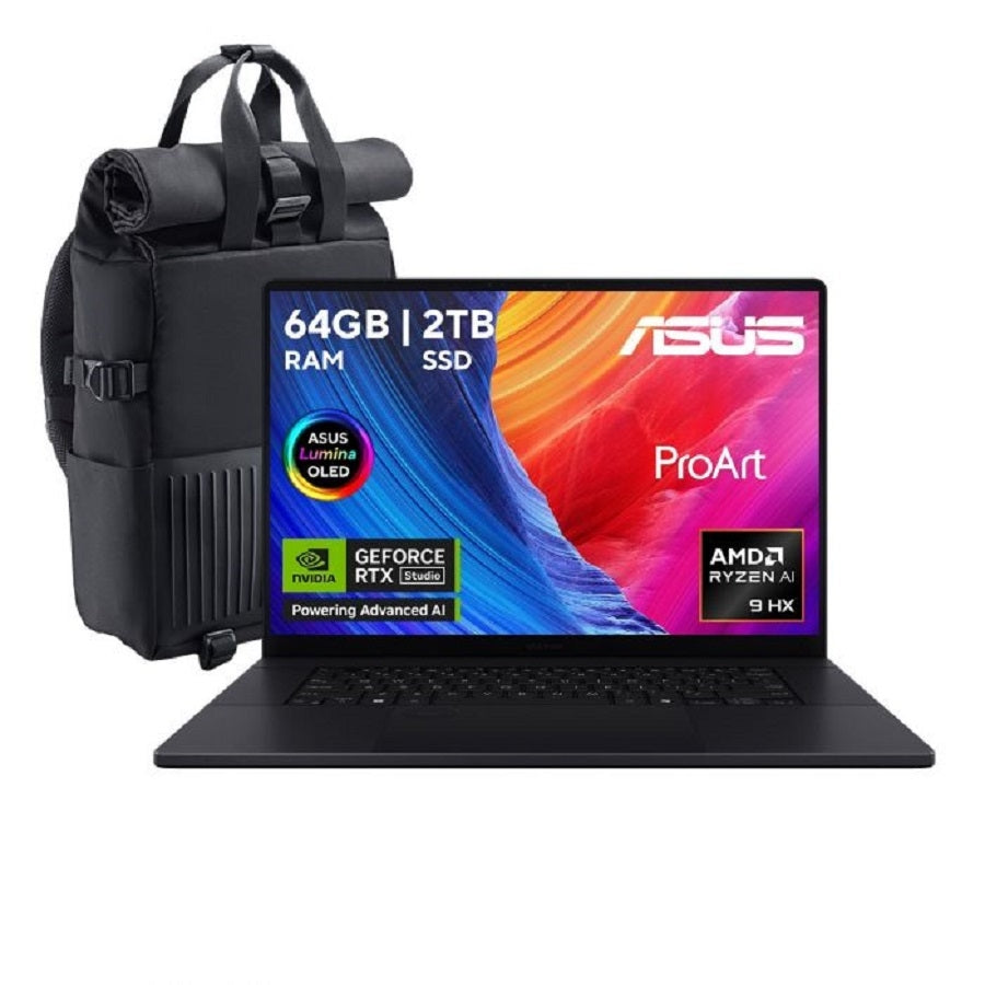 LAPTOP WORSTATION ASUS STUDIOBOOK PROART P16 H7606 AMD RYZEN AI R9 HX370 64GB 2 TB SSD 16 PULGADAS TOUCH OLED WIN 11 HOME NEGRO LECTOR DE HUELLA SD CARD READER NV RTX 4070 8GB GRADO MILITAR 1 AÑO G