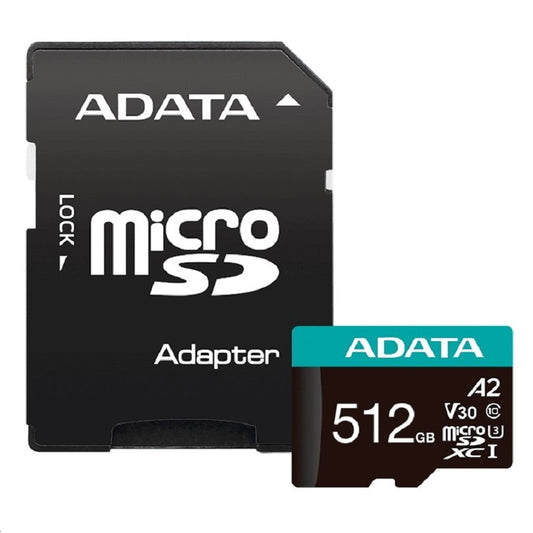 MEMORIA ADATA MICRO SDXC/SDHC 512GB UHS-I 100MB/85MB CLASE 10 V30 A2 C/ADAPTADOR (AUSDX512GUI3V30SA2-RA1)