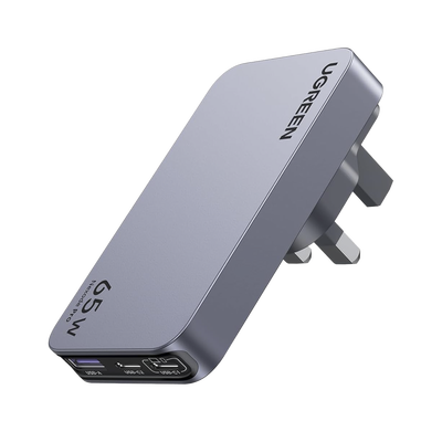 Cargador rápido de viaje GaN de 3 puertos y 65 W con enchufes de EE. UU., Reino Unido y UE.