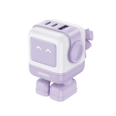 Cargador RobotGaN de 65W Serie UNO | 3 Puertos de Carga Rápida | 2 USB-C | 1 USB-A | PD 3.0 | QC 4.0 | Carga Inteligente | Tecnología GaN II | Zapato Magnético Extraíble | Carcasa Ignifuga | Pantalla LED.