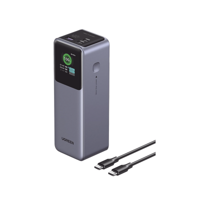 Power Bank de 25000mAh | 3 Salidas 200W Max. | USB-A + 2 USB-C | PD 3.0, QC3.0 | FCP | SCP | Pantalla Inteligente | Carcasa Ignifuga | Color Gris | Incluye Cable USB de 50cm | Carga tu Laptop de Manera Segura.