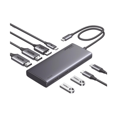 HUB USB-C (Docking Revodok 308) 8 en 1 | 2 Puertos HDMI 4K@60Hz | 1 Puerto DisplayPort 4K@60Hz 2 USB-A 10Gbps) | 2 USB-C (10Gbps) | USB-C PD Carga 100W | Chip de Ultima Generacion | Carcasa de Aluminio.