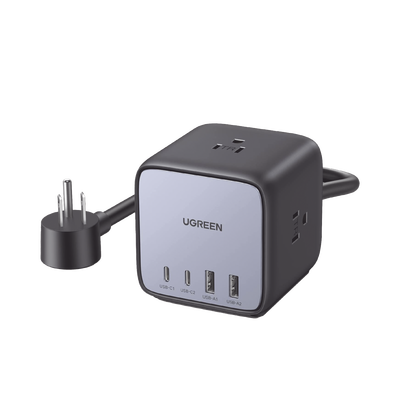 Multicontacto de Escritorio USB y Tomacorriente / 2 Puertos USB-C / 2 Puertos USB-A / 3 Tomacorriente de CA / Tecnología GaN II / USB 65W PD / Carga Rápida / Diseño Innovador en Forma de Cubo / Interruptor de Apagado.