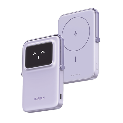 Power Bank Serie UNO Inalambrico | 10000mAh | 7.5W/20W  |  Con Emojis de Estado | Carga Rápida USB-C Bidireccional  | Pantalla TFT  Inteligente | Con Holder | Color Purple.