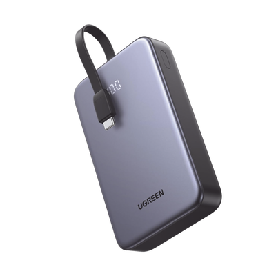 Power Bank Portatil | 20000mAh (74Wh) | 30W | Con Cable USB-C Incorporado | 2 Salidas 22,5W | Pantalla Inteligente | Multiple Proteccion | Aprobado por Aerolíneas | Color Grey.