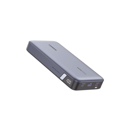 Power Bank de 25000mAh | 3 Salidas 145W Max. | USB-A + 2 USB-C | PD 3.0, QC3.0 | FCP | SCP | Pantalla Inteligente | Carcasa Ignifuga | Color Gris | Incluye Cable USB de 50cm | Carga tu Laptop de Manera Segura.