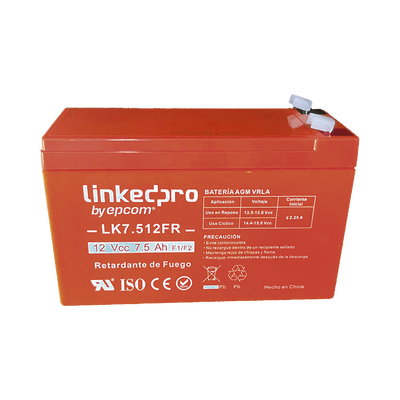 Batería 12 V / 7.5 Ah / UL / Tecnología AGM / Vida útil promedio de 5 años / Retardante a la Flama / Para equipo electrónico, Alarmas de Intrusión / Incendio/ Control de acceso / Video Vigilancia / Incluye adaptad