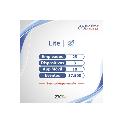LICENCIA lite de BIOTIME CLOUD 2.0  / 25 USUARIOS / 3 DISPOSITIVOS (Licencia Anual)