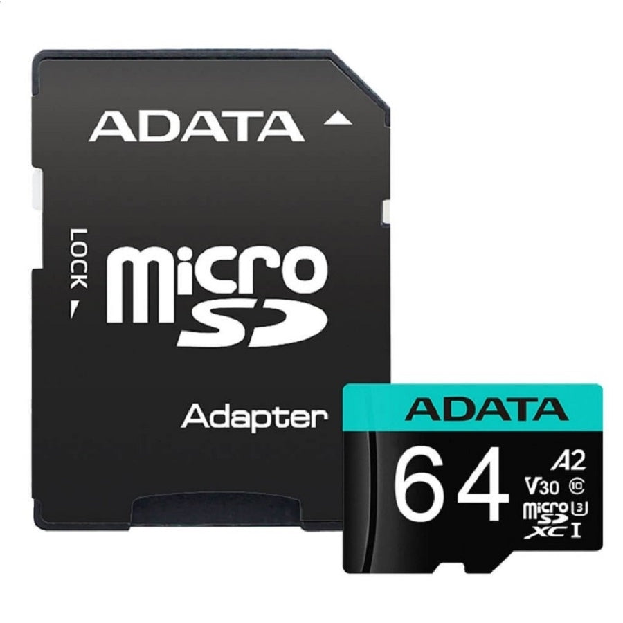 MEMORIA ADATA MICRO SDXC/SDHC 64GB UHS-I 100MB/80MB CLASE 10 V30 A2 C/ADAPTADOR (AUSDX64GUI3V30SA2-RA1)