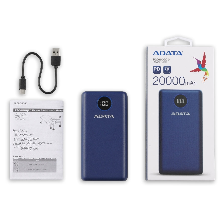 BATERIA DE RESPALDO ADATA POWER BANK P20000QCD 20000MAH/2 USB A/ 1 USB C/INDICADOR DE CARGA DIGITAL COLOR AZUL (AP20000QCD-DGT-CDB)
