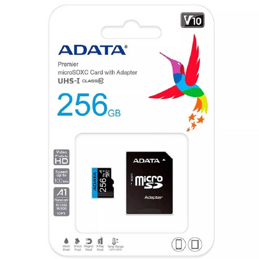 MEMORIA ADATA MICRO SDHC/SDXC 256GB UHS-I 100MB/25MB CLASE 10 V10 A1 C/ADAPTADOR (AUSDX256GUICL10A1-RA1)