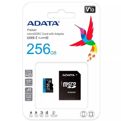 MEMORIA ADATA MICRO SDHC/SDXC 256GB UHS-I 100MB/25MB CLASE 10 V10 A1 C/ADAPTADOR (AUSDX256GUICL10A1-RA1)