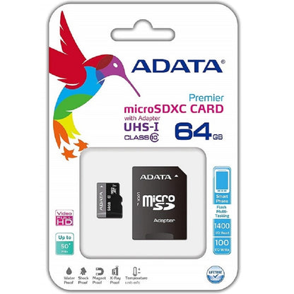 MEMORIA ADATA MICRO SDHC 64GB UHS-I CLASE 10 C/ADAPTADOR (AUSDX64GUICL10-RA1)