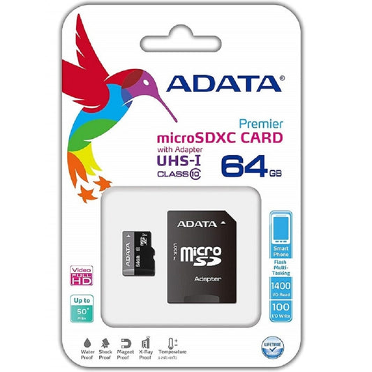 MEMORIA ADATA MICRO SDHC 64GB UHS-I CLASE 10 C/ADAPTADOR (AUSDX64GUICL10-RA1)