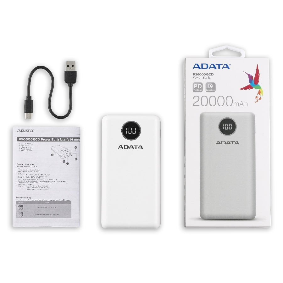 BATERIA DE RESPALDO ADATA POWER BANK P20000QCD 20000MAH/2 USB A/ 1 USB C/INDICADOR DE CARGA DIGITAL COLOR BLANCO (AP20000QCD-DGT-CWH)