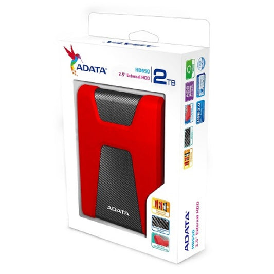 DISCO DURO EXTERNO ADATA HD650 2TB PORTATIL 2.5 USB 3.2 WINDOWS MAC LINUX CONTRAGOLPES COLOR ROJO (AHD650-2TU31-CRD)
