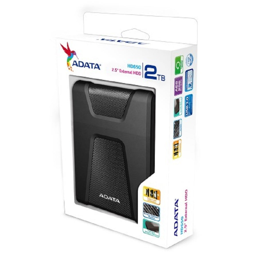 DISCO DURO EXTERNO ADATA HD650 2TB PORTATIL 2.5 USB 3.2 WINDOWS MAC LINUX CONTRAGOLPES COLOR NEGRO (AHD650-2TU31-CBK)