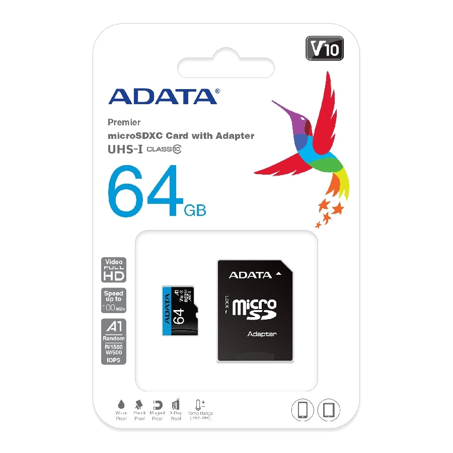 MEMORIA ADATA MICRO SDXC/SDHC 64GB UHS-I 100MB/25MB CLASE 10 V10 A1 C/ADAPTADOR (AUSDX64GUICL10A1-RA1)
