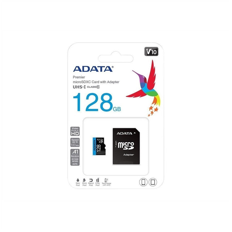 MEMORIA ADATA MICRO SDXC/SDHC 128GB UHS-I 100MB/25MB CLASE 10 V10 A1 C/ADAPTADOR (AUSDX128GUICL10A1-RA1)