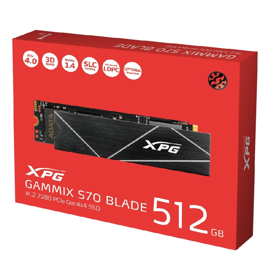UNIDAD DE ESTADO SOLIDO SSD INTERNO XPG GAMMIX S70 BLADE 512GB M.2 2280 NVME PCIE GEN 4X4 LECT.7400 ESCRIT. 6100 MBS 3DNAND PC LAPTOP MINIPC CON DISIPADOR GAMER (AGAMMIXS70B-512G-CS)