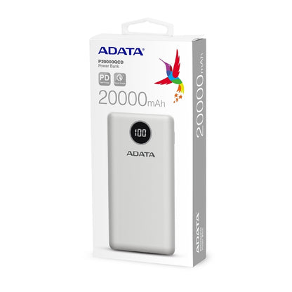 BATERIA DE RESPALDO ADATA POWER BANK P20000QCD 20000MAH/2 USB A/ 1 USB C/INDICADOR DE CARGA DIGITAL COLOR BLANCO (AP20000QCD-DGT-CWH)