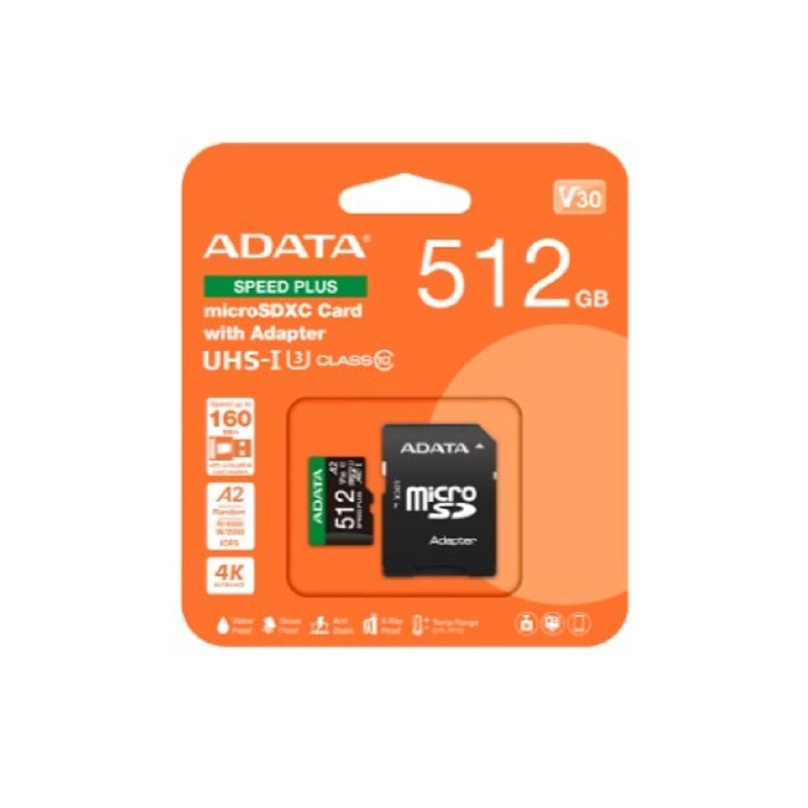 MEMORIA ADATA MICROSDXC SPEED PLUS 512GB CL10 CON ADAPTADOR (UD512GUI3V30A2SP-RA1)