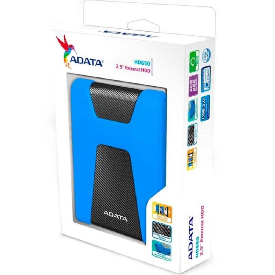 DISCO DURO EXTERNO ADATA HD650 2TB PORTATIL 2.5 USB 3.2 WINDOWS MAC LINUX CONTRAGOLPES COLOR AZUL (AHD650-2TU31-CBL)