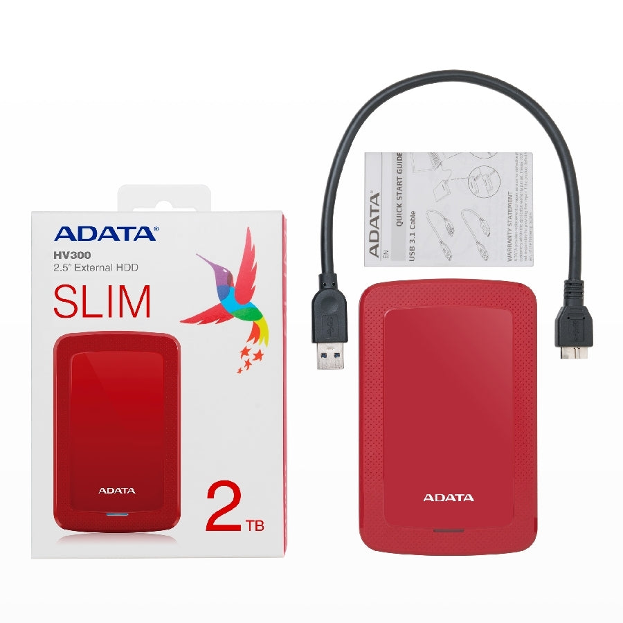 DISCO DURO EXTERNO ADATA HV300 2TB PORTATIL 2.5 USB 3.2 WINDOWS MAC LINUX DASHDRIVE SLIM COLOR ROJO (AHV300-2TU31-CRD)