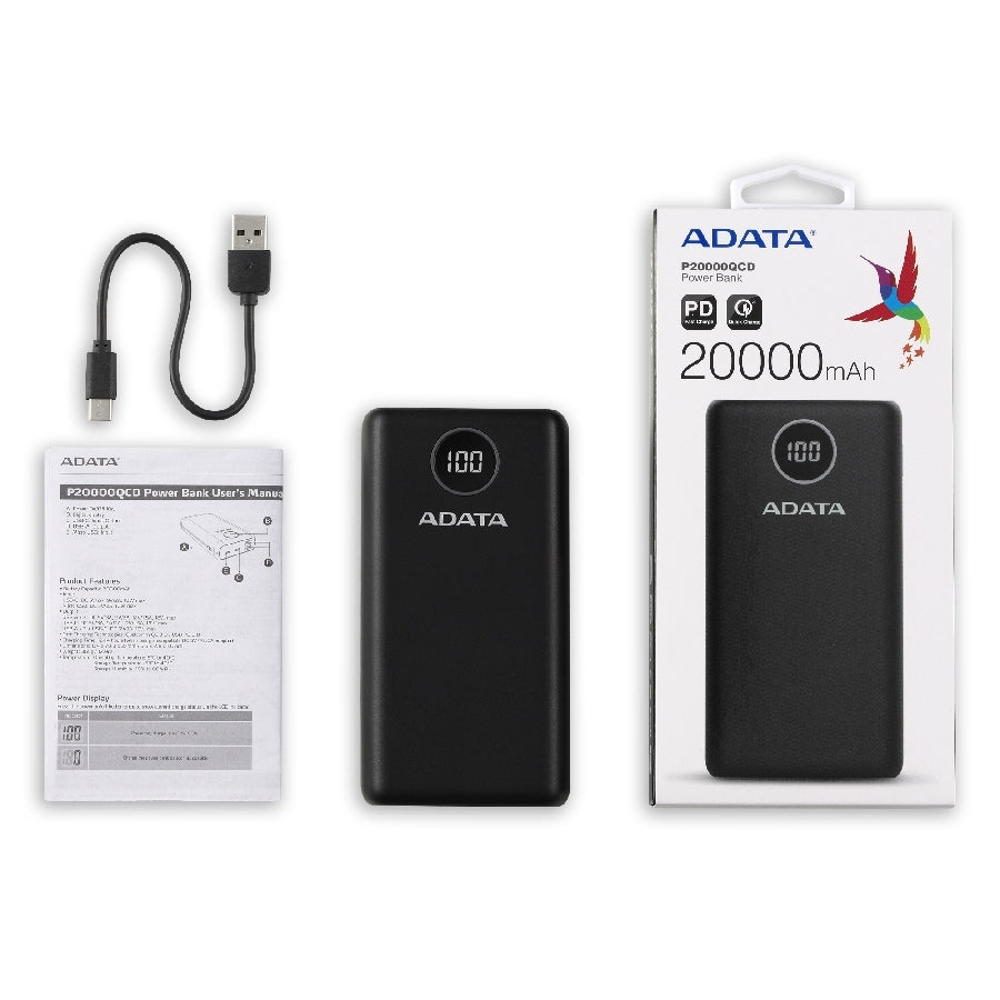 BATERIA DE RESPALDO ADATA POWER BANK P20000QCD 20000MAH/2 USB A/ 1 USB C/INDICADOR DE CARGA DIGITAL COLOR NEGRO (AP20000QCD-DGT-CBK)